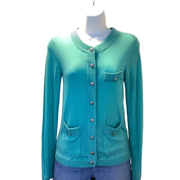 Marc Jacobs Luxury Mint Green Cashmere Silver Buttons Pockets Cardigan Sweater S - Picture 1 of 8